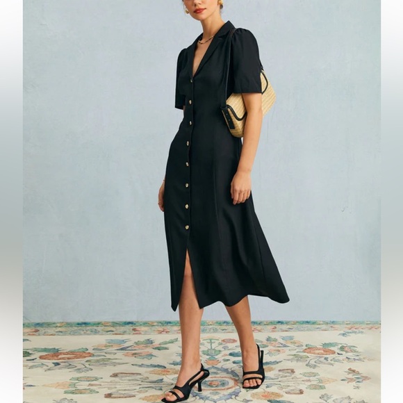 RIHOAS Dresses & Skirts - Rihoas The Black V Neck Button Puff Sleeve Midi Dress